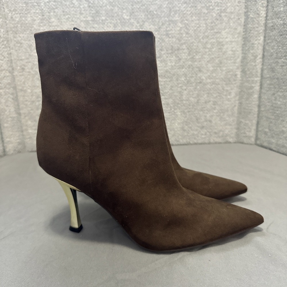 Nine‎ West Women Ankle Boots Faux Suede Brown Gold Heel Size 9.5